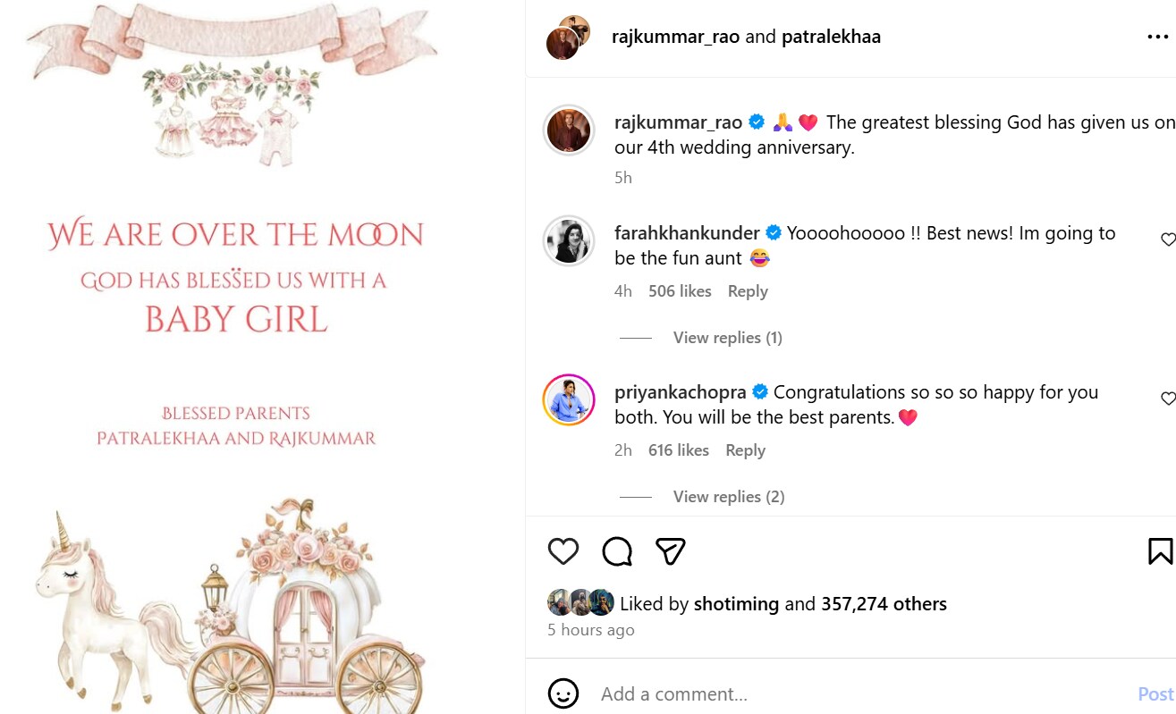 Farah Khan, Priyanka Chopra and Vicky Kaushal shower love on Rajkummar Rao and Patralekhaa as they welcome baby girl.