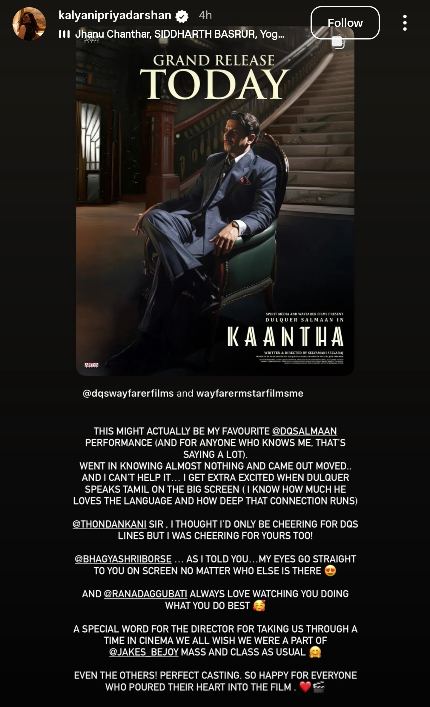 Kalyani Priyadarshan's review of Dulquer Salmaan's Kaantha. Kalyani Priyadarshan's review of Dulquer Salmaan's Kaantha.