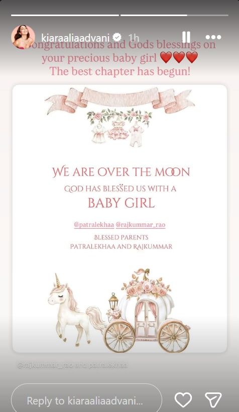 Kiara Advani pens note as Rajkummar Rao and Patralekhaa welcome baby girl.