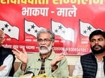 Patna, Nov 16 (ANI): CPI-ML General Secretary Dipankar Bhattacharya addresses a press conference, in Patna on Sunday. (ANI Photo)