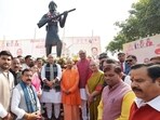 Defence minister Rajnath Singh along chief minister Yogi Adityanath and others unveil the statue of Virangana Uda Devi Pasi in Lucknow, on Sunday (Deepak Gupta) Defence minister Rajnath Singh along chief minister Yogi Adityanath and others unveil the statue of Virangana Uda Devi Pasi in Lucknow, on Sunday (Deepak Gupta)