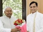Union Minister Nityanand Rai with Bihar Chief Minister Nitish Kumar at 1, Anne Marg in Patna on Sunday. (SANTOSH KUMAR/HT PHOTO)