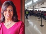 The video shows a long line of passengers seated in wheelchairs as airport staff assist them. The video shows a long line of passengers seated in wheelchairs as airport staff assist them.