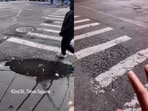 An Indian man shared a footage from New York City showing a damaged road. An Indian man shared a footage from New York City showing a damaged road.