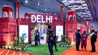 At the 44th India International Trade Fair (IITF), ongoing in Bharat Mandapam (Pragati Maidan), the Delhi pavilion is designed in the facade of Red Fort's red brick structure, which makes it a showstopper for selfie enthusiasts. (Photo: ANI)