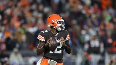 Cleveland Browns quarterback Shedeur Sanders (12) drops back to pass during the third quarter against the Baltimore Ravens at Huntington Bank Field. (IMAGN IMAGES via Reuters Connect)