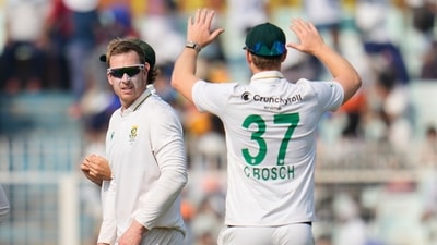 Simon Harmer followed up on his four-fer from the first innings with another, taking his overall tally to eight wickets. (AP) Simon Harmer followed up on his four-fer from the first innings with another, taking his overall tally to eight wickets. (AP)