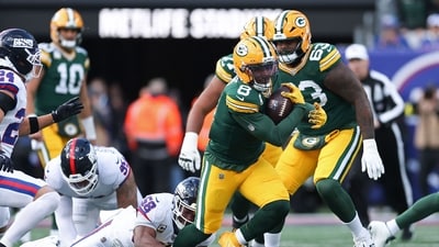 Josh Jacobs #8 of the Green Bay Packers is tackled during the first quarter against the New York Giants at MetLife Stadium on November 16, 2025 in East Rutherford, New Jersey. (Getty Images via AFP) Josh Jacobs #8 of the Green Bay Packers is tackled during the first quarter against the New York Giants at MetLife Stadium on November 16, 2025 in East Rutherford, New Jersey. (Getty Images via AFP)