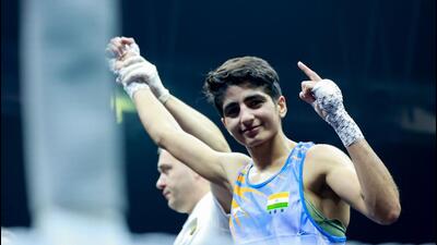 Newly-crowned world champion Minakshi (48kg) defeated Kazakhstan’s Bolat Akbota 5-0 on the opening day of the Boxing World Cup Final. (BFI Media) Newly-crowned world champion Minakshi (48kg) defeated Kazakhstan’s Bolat Akbota 5-0 on the opening day of the Boxing World Cup Final. (BFI Media)