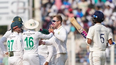 Simon Harmer with teammates after the wicket of India's Ravindra Jadeja. (PTI) Simon Harmer with teammates after the wicket of India's Ravindra Jadeja. (PTI)