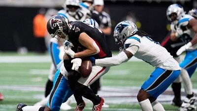 Atlanta Falcons wide receiver Drake London (5) can't hold onto a pass against the Carolina Panthers in the second half of an NFL football game, Sunday, Nov. 16, 2025, in Atlanta. (AP) Atlanta Falcons wide receiver Drake London (5) can't hold onto a pass against the Carolina Panthers in the second half of an NFL football game, Sunday, Nov. 16, 2025, in Atlanta. (AP)