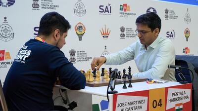 Pentala Harikrishna lost to Jose Eduardo Martinez Alcantara in the third tie-break game of Round 5 at the FIDE Chess World Cup in Goa. (FIDE) Pentala Harikrishna lost to Jose Eduardo Martinez Alcantara in the third tie-break game of Round 5 at the FIDE Chess World Cup in Goa. (FIDE)