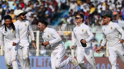 South Africa spinner Keshav Maharaj celebrates with teammates after sealing victory over India in the first Test at the Eden Gardens on Sunday. (Samir Jana/HT) South Africa spinner Keshav Maharaj celebrates with teammates after sealing victory over India in the first Test at the Eden Gardens on Sunday. (Samir Jana/HT)