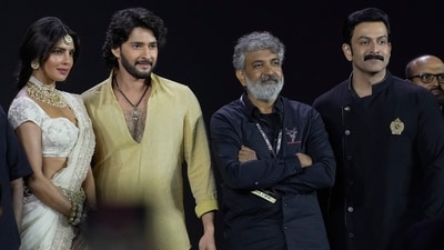 Filmmaker S.S. Rajamouli, Mahesh Babu, Priyanka Chopra Jonas and actor Prithviraj Sukumaran pose for photographs after unveiling the first look of the film Varanasi in Hyderabad, India. (AP Photo/Mahesh Kumar A.) (AP) Filmmaker S.S. Rajamouli, Mahesh Babu, Priyanka Chopra Jonas and actor Prithviraj Sukumaran pose for photographs after unveiling the first look of the film Varanasi in Hyderabad, India. (AP Photo/Mahesh Kumar A.) (AP)