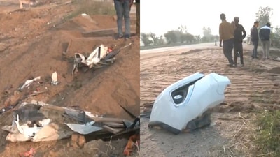 The car crashed into a sand-laden tractor in Gwalior. (ANI) The car crashed into a sand-laden tractor in Gwalior. (ANI)