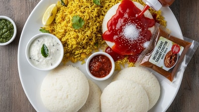 Even healthy options like idli or poha can become unhealthy when paired with ketchup or packaged chutneys that have added sugar. (Made using Gemini AI) Even healthy options like idli or poha can become unhealthy when paired with ketchup or packaged chutneys that have added sugar. (Made using Gemini AI)