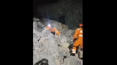 The stone mine collapsed on Saturday in UP's Sonbhadra. (Screengrab/X/@ANI) The stone mine collapsed on Saturday in UP's Sonbhadra. (Screengrab/X/@ANI)