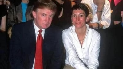 President Donald Trump is seen with Jeffrey Epstein's accomplice, Ghislaine Maxwell, in an old photograph. (X/@AmberWoods100)
