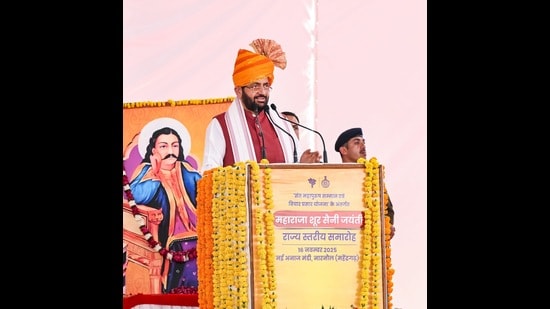 Speaking at a state-level ‘Maharaja Shoor Saini Jayanti’ function at Narnaul, Haryana chief minister Nayab Singh Saini announced to give ₹51 lakh for the Saini Sabha and his cabinet colleagues Ranbir Gangwa, Arti Singh Rao, Mahipal Dhanda and Bhiwani-Mahendergarh MP Dharambir Singh also announced to give ₹11 lakh each to Saini Sabha, Narnaul. (Sourced)