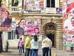 Mumbai, India - February 16, 2023: Maharashtra NCP president Jayant Patil supporters put up banners and flexes on his birthday outside NCP party office, at Ballard Pier, in Mumbai, India, on Thursday, February 16, 2023. (Photo by Bhushan Koyande/HT Photo) (HT PHOTO)