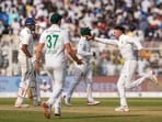 South Africa's Keshav Maharaj celebrates the last Indian wicket to fall South Africa's Keshav Maharaj celebrates the last Indian wicket to fall