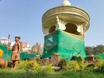 The statue and the canopy housing it were covered again on Monday (Bachchan Kumar/HT Photo)