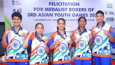 (L-R) Harnoor, Khushi Chand, Ahaana Sharma , Chandrika, Anshika, with their medals at the Asian Youth Games. (BFI) (L-R) Harnoor, Khushi Chand, Ahaana Sharma , Chandrika, Anshika, with their medals at the Asian Youth Games. (BFI)