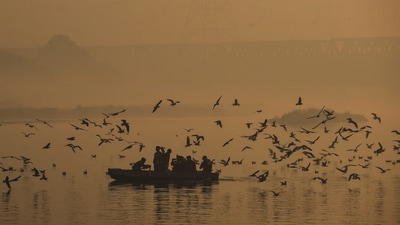 Gram it: People gather on a boat and feed migratory seagulls as the Yamuna takes on a sepia tone under a thick layer of smog. The Capital’s AQI remained in the ‘severe’ category at around 400 across Delhi-NCR, with a blanket of haze settling over the city. Even as residents grappled with the pollution, Delhi recorded its coldest night of the season on Saturday, with the minimum temperature dipping to 9.7°C. (Photo: Sumit/ANI)