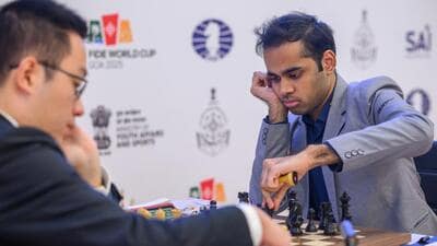 Arjun Erigaisi, the only Indian left in the FIDE World Cup in Goa, played out a quick draw with China’s Wei Yi at the FIDE World Cup quarter-final. (FIDE) Arjun Erigaisi, the only Indian left in the FIDE World Cup in Goa, played out a quick draw with China’s Wei Yi at the FIDE World Cup quarter-final. (FIDE)