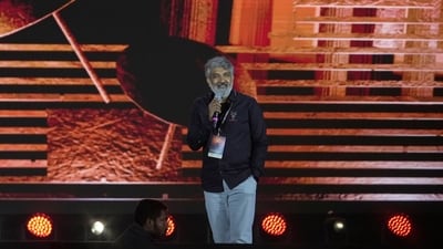 SS Rajamouli announced his latest film, Varanasi, at an event in Hyderabad, India. (AP Photo/Mahesh Kumar A.) (AP) SS Rajamouli announced his latest film, Varanasi, at an event in Hyderabad, India. (AP Photo/Mahesh Kumar A.) (AP)