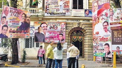 Mumbai, India - February 16, 2023: Maharashtra NCP president Jayant Patil supporters put up banners and flexes on his birthday outside NCP party office, at Ballard Pier, in Mumbai, India, on Thursday, February 16, 2023. (Photo by Bhushan Koyande/HT Photo) (HT PHOTO)