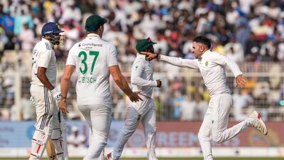 South Africa's Keshav Maharaj celebrates the last Indian wicket to fall (PTI) South Africa's Keshav Maharaj celebrates the last Indian wicket to fall (PTI)