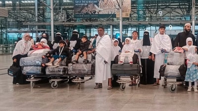 A handout photo shows Syed Naseeruddin and his family before their departure for Saudi Arabia, in Hyderabad, Monday, Nov. 17, 2025. Naseeruddin and 18 family members later lose their lives in a bus fire accident in Saudi Arabia. (PTI) A handout photo shows Syed Naseeruddin and his family before their departure for Saudi Arabia, in Hyderabad, Monday, Nov. 17, 2025. Naseeruddin and 18 family members later lose their lives in a bus fire accident in Saudi Arabia. (PTI)