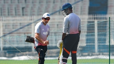 Sai Sudharsan with head coach Gautam Gambhir during a training session ahead of the first Test match against South Africa. (PTI) Sai Sudharsan with head coach Gautam Gambhir during a training session ahead of the first Test match against South Africa. (PTI)