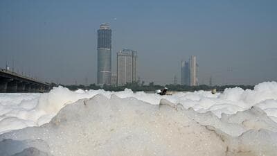 Thick layers of white froth have once again surfaced on river Yamuna near Kalindi Kunj on Monday, (Sunil Ghosh/HT Photo) Thick layers of white froth have once again surfaced on river Yamuna near Kalindi Kunj on Monday, (Sunil Ghosh/HT Photo)
