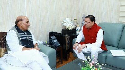 Uttarakhand CM Pushkar Singh Dhami meets Defence Minister Rajnath Singh in New Delhi. Uttarakhand CM Pushkar Singh Dhami meets Defence Minister Rajnath Singh in New Delhi.