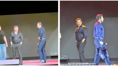 Salman Khan and Sunil Grover on stage at the Da-Bangg tour. Salman Khan and Sunil Grover on stage at the Da-Bangg tour.