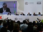 COP30 president Andre Correa do Lago (third from left) addresses a press conference during the COP30 UN Climate Change Conference in Belem, Para state, Brazil, on Monday. (AFP) COP30 president Andre Correa do Lago (third from left) addresses a press conference during the COP30 UN Climate Change Conference in Belem, Para state, Brazil, on Monday. (AFP)