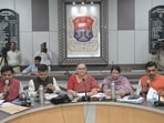 Mayor Sushma Kharkwal and municipal commissioner Gaurav Kumar participated in the executive committee meeting at the Lucknow Municipal Corporation on Tuesday. (Deepak Gupta/ HT Photo)