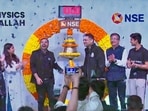 Physics Wallah co-founder Alakh Pandey and Prateek Maheshwari at the listing ceremony of their company at the National Stock Exchange in Mumbai on Tuesday (18 November 2025).