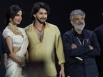 Filmmaker S.S. Rajamouli, third from left, with Telugu superstar Mahesh Babu, actress Priyanka Chopra Jonas and actor Prithviraj Sukumaran, extreme right, pose for photograph after unveiling of first look of film ‘Varanasi’ in Hyderabad