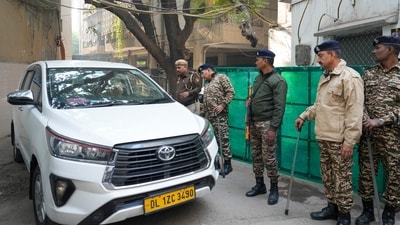 New Delhi: Security personnel keep a vigil after Enforcement Directorate raided the office of Al Falah University in Okhla as part of an investigation into a terror module linked to Faridabad. (PTI) New Delhi: Security personnel keep a vigil after Enforcement Directorate raided the office of Al Falah University in Okhla as part of an investigation into a terror module linked to Faridabad. (PTI)