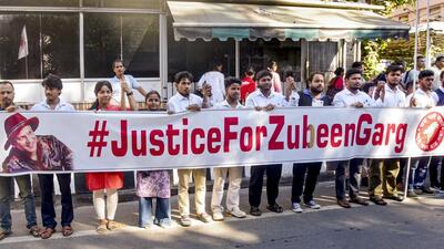 All Assam Students' Union members stage a protest demanding justice for late singer Zubeen Garg on his 53rd birth anniversary in Guwahati on Tuesday. (PTI)
