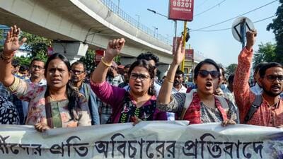 Candidates of the State Level Selection Test 2016 from Rightful Teachers’ Rights Forum stage a protest over the demand for permanent jobs, in Kolkata on Tuesday. (ANI) Candidates of the State Level Selection Test 2016 from Rightful Teachers’ Rights Forum stage a protest over the demand for permanent jobs, in Kolkata on Tuesday. (ANI)