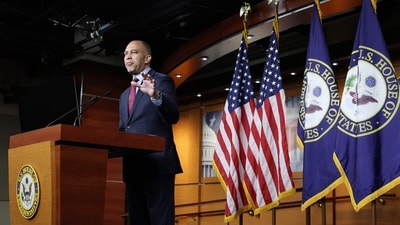 US House Minority Leader Hakeem Jeffries (D-NY) speaks to reporters at a news conference inside the U.S. Capitol on November 17. (Getty Images via AFP) US House Minority Leader Hakeem Jeffries (D-NY) speaks to reporters at a news conference inside the U.S. Capitol on November 17. (Getty Images via AFP)