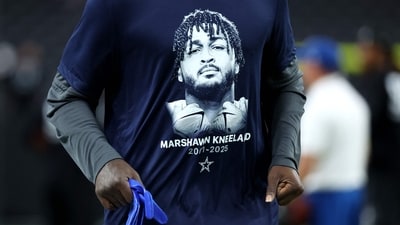 A detailed view of a Dallas Cowboys warmup shirt honoring Marshawn Kneeland before the game against the Las Vegas Raiders at Allegiant Stadium on November 17, 2025 in Las Vegas, Nevada. (Getty Images via AFP) A detailed view of a Dallas Cowboys warmup shirt honoring Marshawn Kneeland before the game against the Las Vegas Raiders at Allegiant Stadium on November 17, 2025 in Las Vegas, Nevada. (Getty Images via AFP)