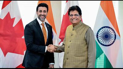 India’s Minister of Commerce and Industry Piyush Goyal (right) met with with Canada’s Minister of International Trade Maninder Sidhu during the 7th India-Canada Ministerial Dialogue on Trade and Investment as part of the New Roadmap 2025, in New Delhi on November 13. (ANI) India’s Minister of Commerce and Industry Piyush Goyal (right) met with with Canada’s Minister of International Trade Maninder Sidhu during the 7th India-Canada Ministerial Dialogue on Trade and Investment as part of the New Roadmap 2025, in New Delhi on November 13. (ANI)