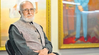Mumbai, India. Nov 24, 2025 - Sitanshu Yashaschandra, Indian Gujarati-language poet and playwright, poses during his interview with Hindustan Times in Mumbai. Mumbai, India. Nov 24, 2025. (Photo by Raju Shinde/HT Photo) (Raju Shinde) Mumbai, India. Nov 24, 2025 - Sitanshu Yashaschandra, Indian Gujarati-language poet and playwright, poses during his interview with Hindustan Times in Mumbai. Mumbai, India. Nov 24, 2025. (Photo by Raju Shinde/HT Photo) (Raju Shinde)