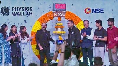 Physics Wallah co-founder Alakh Pandey and Prateek Maheshwari at the listing ceremony of their company at the National Stock Exchange in Mumbai on Tuesday (18 November 2025). (NSE) Physics Wallah co-founder Alakh Pandey and Prateek Maheshwari at the listing ceremony of their company at the National Stock Exchange in Mumbai on Tuesday (18 November 2025). (NSE)