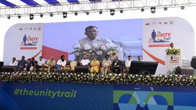 Cyclists take part in a five-km unity trail near the Statue of Unity in Ekta Nagar as part of a national-level cyclothon on Sunday. Cyclists take part in a five-km unity trail near the Statue of Unity in Ekta Nagar as part of a national-level cyclothon on Sunday.